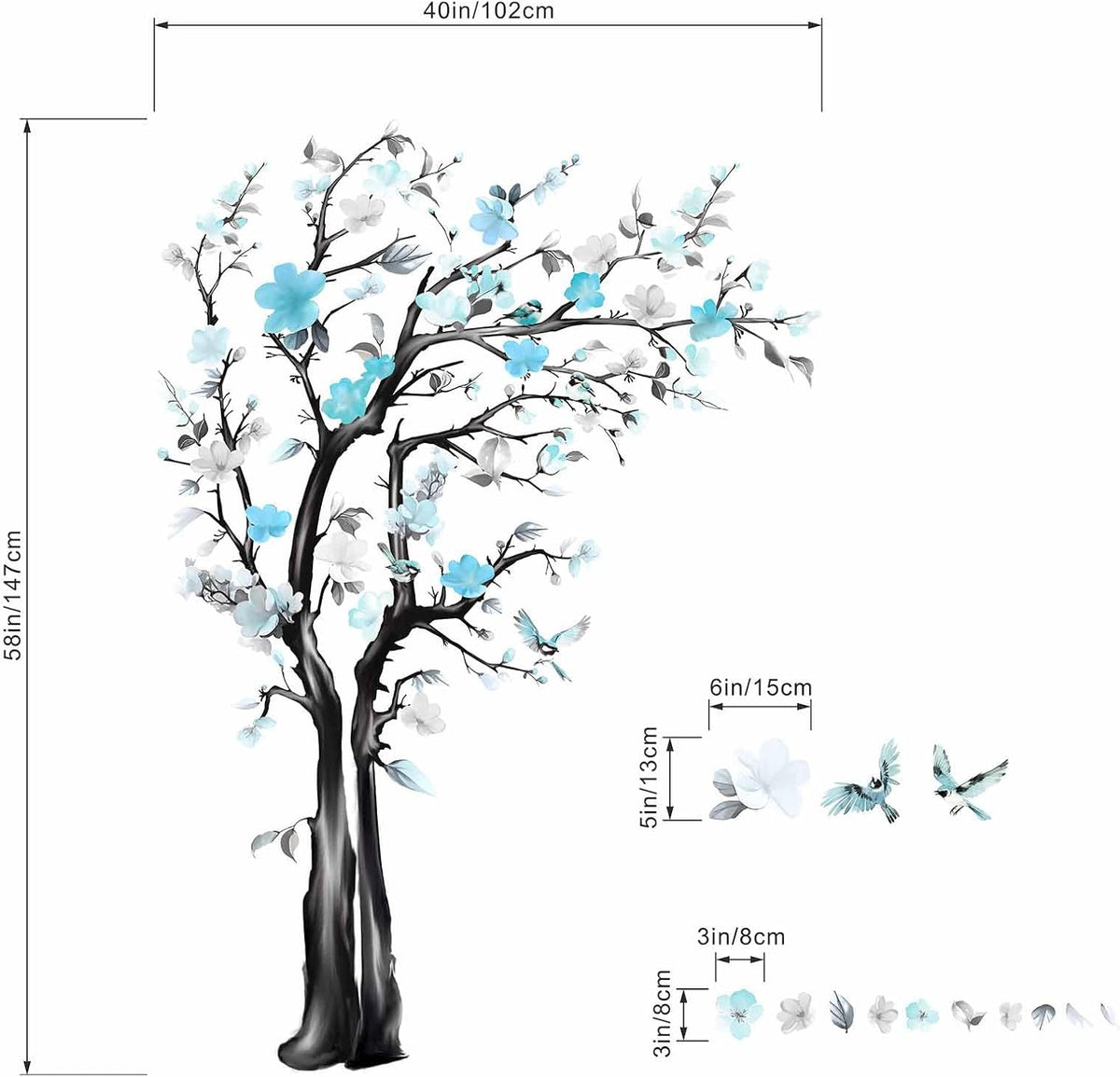 Large Watercolor Tree Wall Decals - Flower Tree Branch Wall Stickers - Bedroom Living Room Sofa TV Background Home Wall Decor