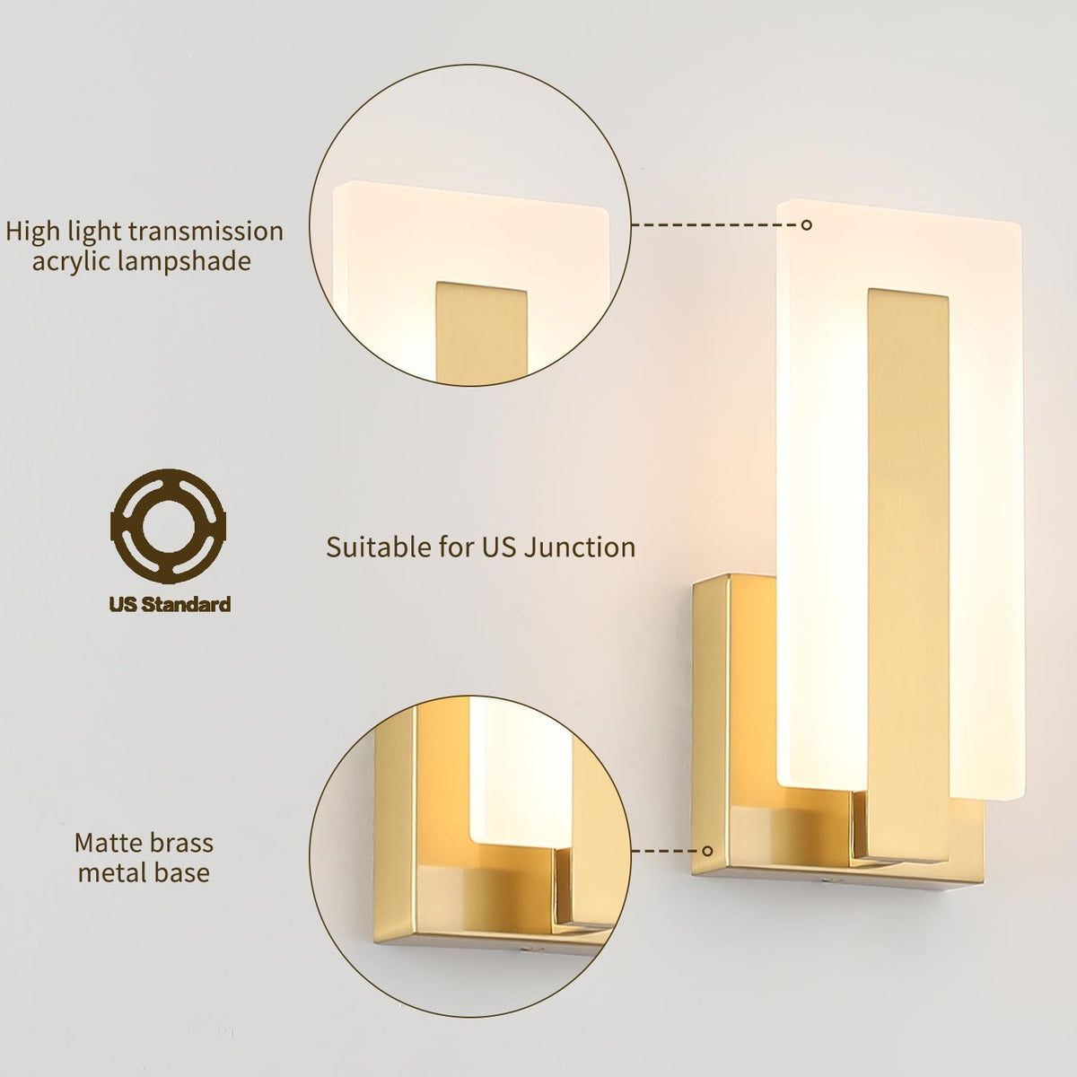 Joosenhouse Modern LED Wall Sconce Set of 2, Dimmable Hardwired Bathroom Vanity Light Indoor Wall Sconce for Hallway, Bedroom, Study, Living Room, 9.76 Inch Brass Wall Lights