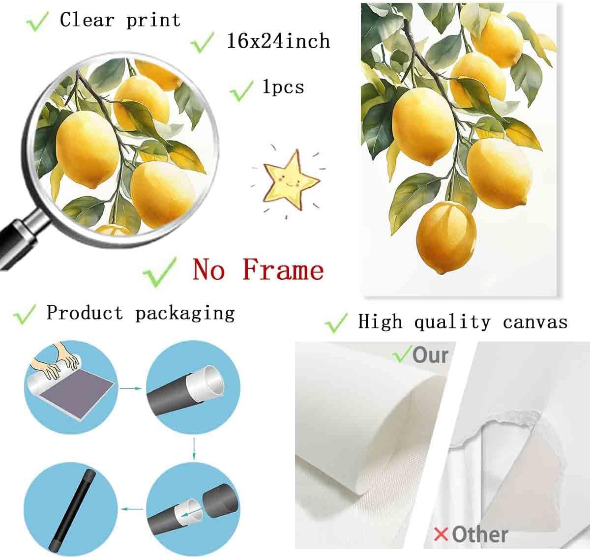 Lemon Tree Canvas Wall Art Vintage Lemons Painting Lemon Branch Wall Art Rustic Fruit Pictures Fruit Market Print Vintage Citrus picture Still Life Painting Living Room Decor 16x24inch No Frame