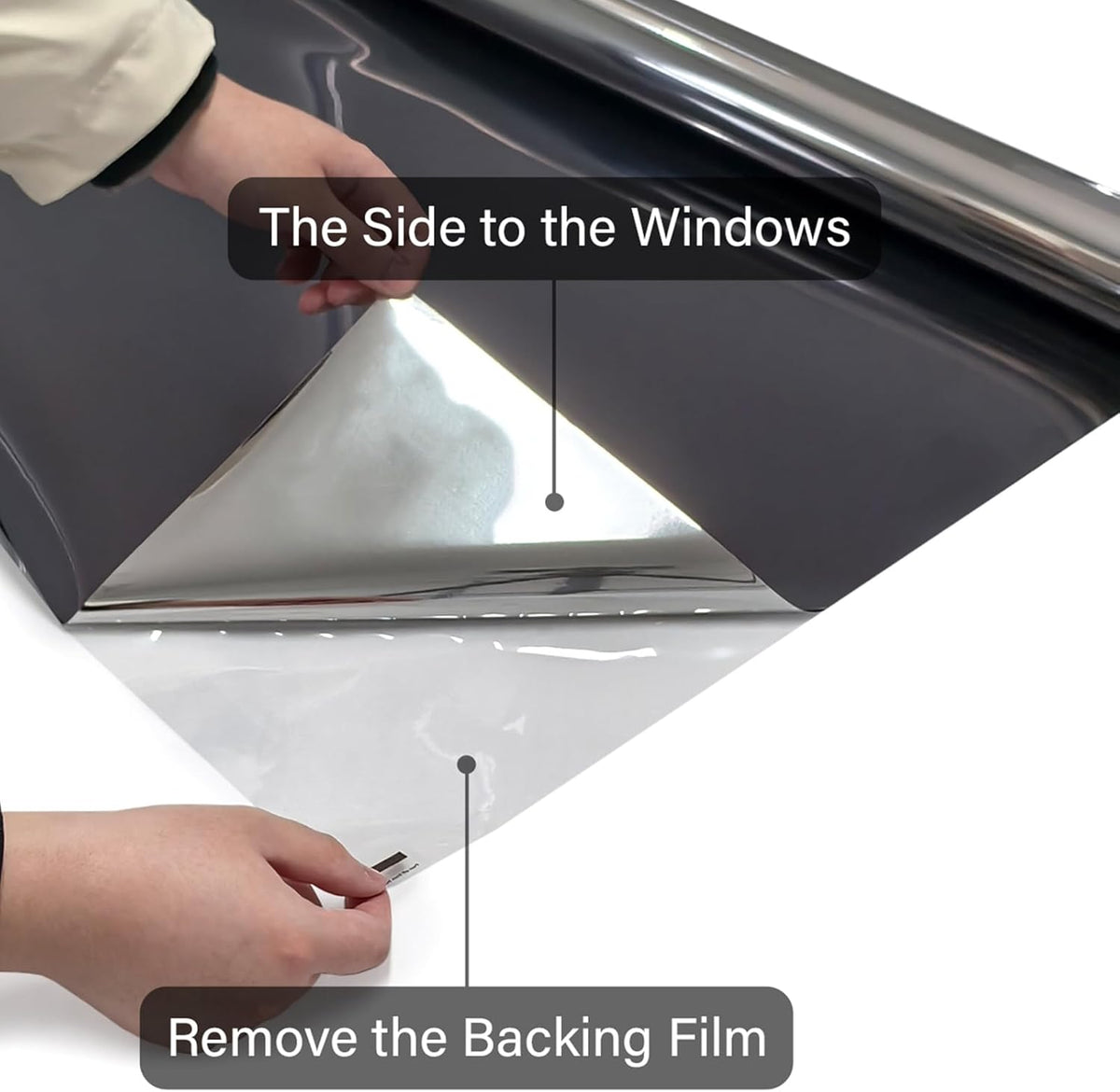 Kromapolis One Way Window Privacy Film Reflective Mirror Home Window Tint, Daytime Privacy Heat Control Anti UV Glass Tinting Static Cling (Black-Silver, 29.5 x 157.4 inch)