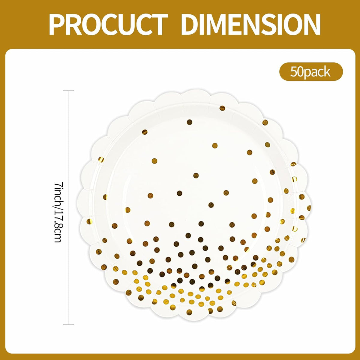 50PCS White and Gold Paper Plates, 7 Inch White Scalloped Party Plates Disposable Dessert Plate Cake Plate for Wedding Engagement Baby Shower Birthday Dinner