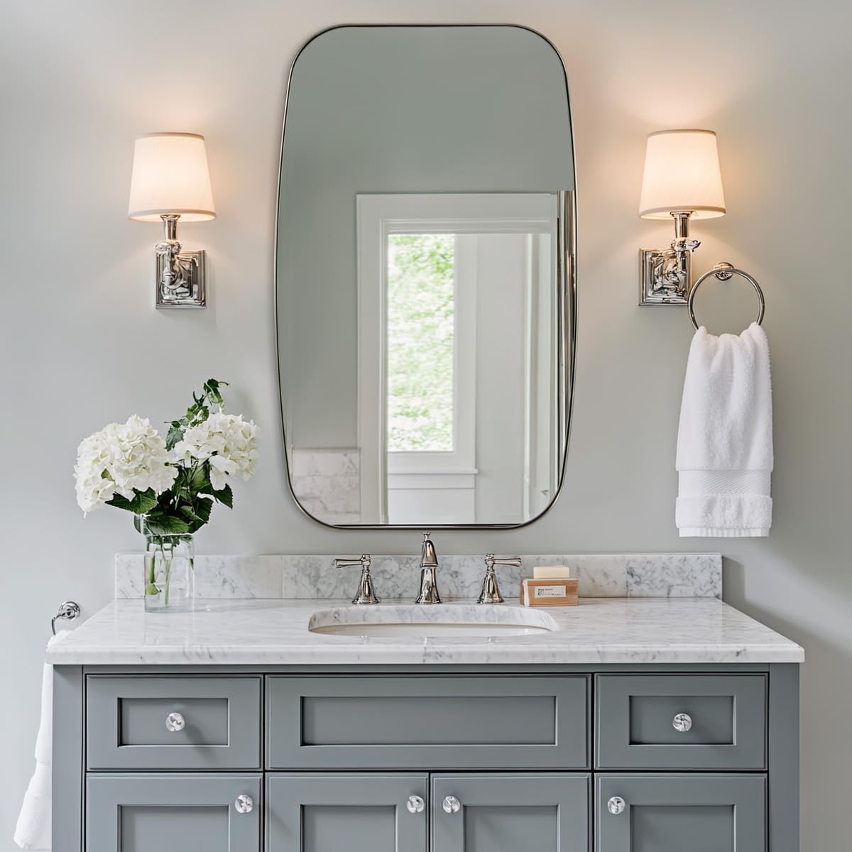 ANDY STAR Brushed Nickel Bathroom Mirror, Large 24x36’’ Brushed Nickel Metal Framed Oblong Wall Mirror, Modern Nickel Oval Vanity Mirror