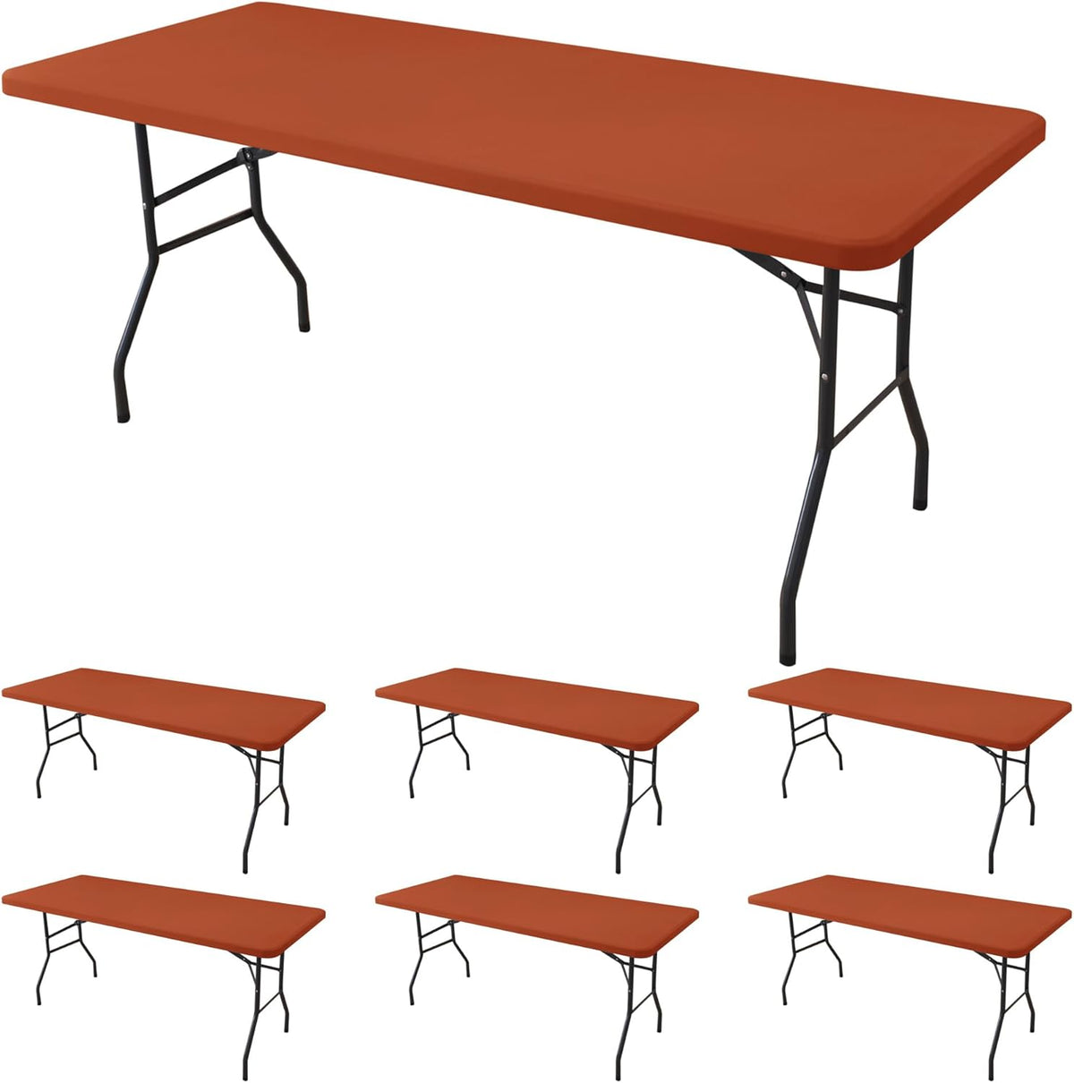 Fitted Tablecloth for 8 Foot Rectangle Tables-6 Pack Rust Elastic Outdoor Picnic Table Cover-Spandex Stretch Folding Table Cloths 8ft for Camping Dining Room Patio Kitchen Banquet Party