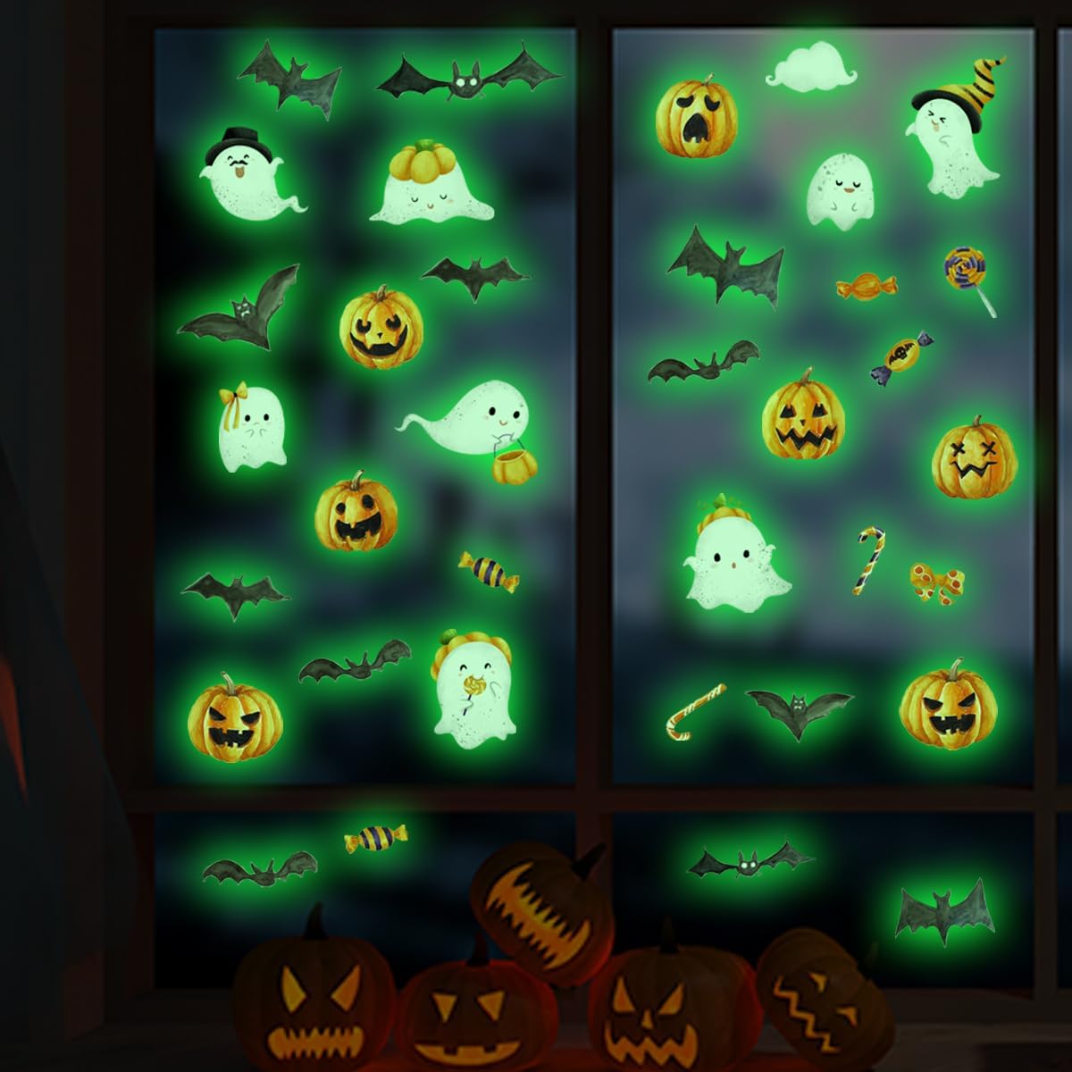clothmile 3 Sheets Glow in The Dark Halloween Window Clings Luminous Halloween Window Stickers Removable Pumpkin Ghost Bat Wall Decor Glowing Window Clings for Scary Halloween Theme Party Decorations