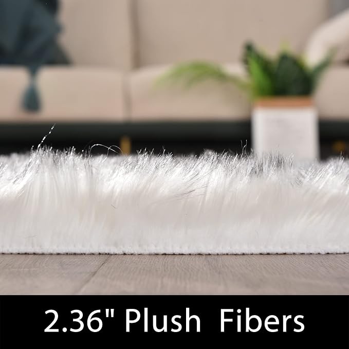 Latepis White and Grey Tips Faux Fur 7'10"x9'10" Area Rug, Soft Plush Faux Fur - Image 2
