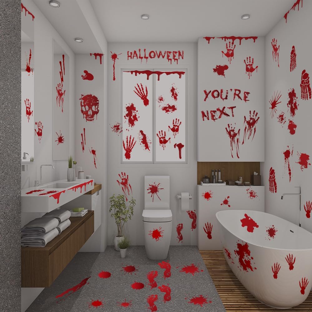 PartyGarden Halloween Decorations - 8 Sheet 86 Pcs Halloween Bloody Handprint Footprint Window Clings Wall Decal Floor Stickers for Inside Outside Home Door Scary Party Décor