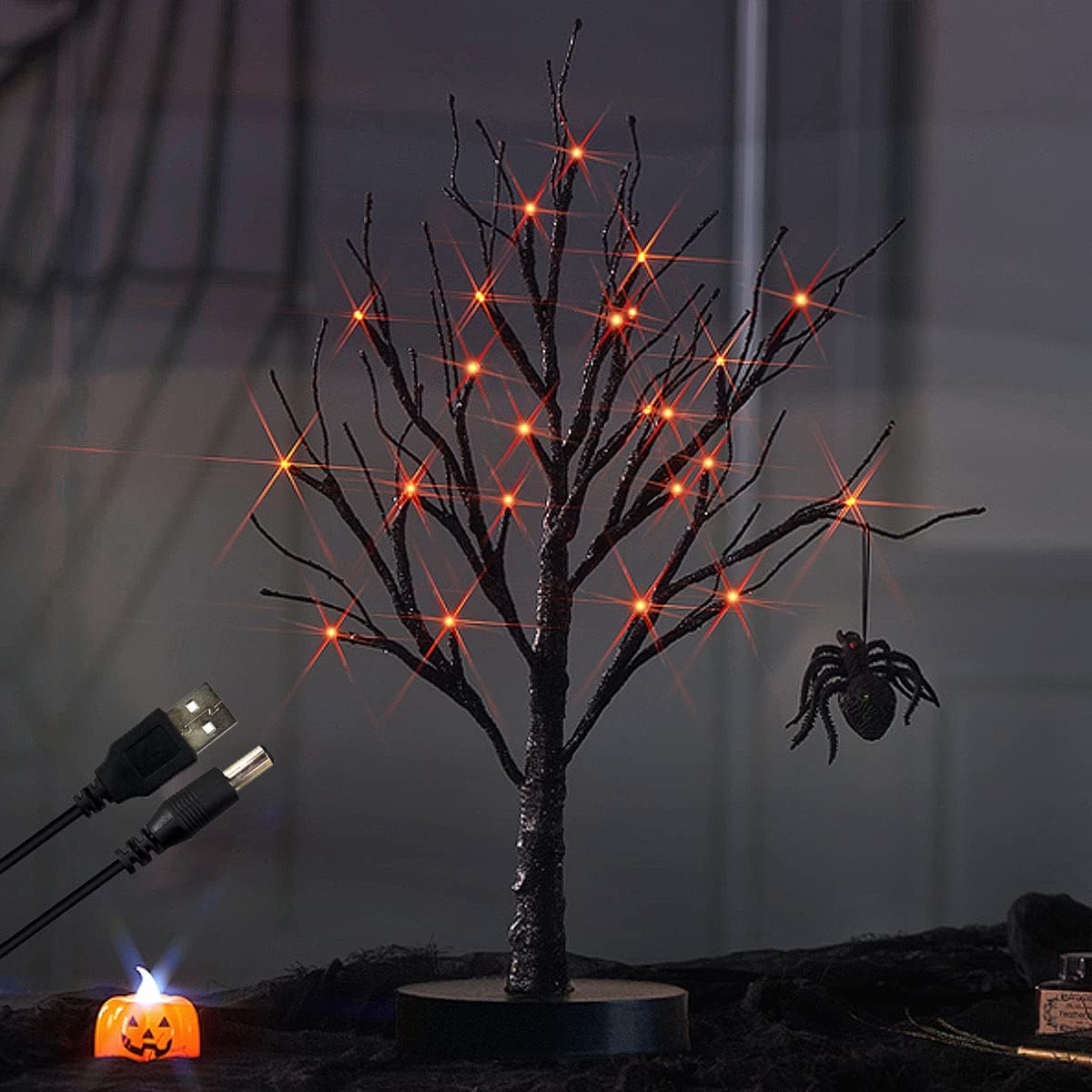 Fudios Black Halloween Tree with Lights 24 LED Orange with Timer, Lighted Tabletop Glittered Spooky Tree Artificial 18in for Witch Home Decor Battery Operated or USB Plug