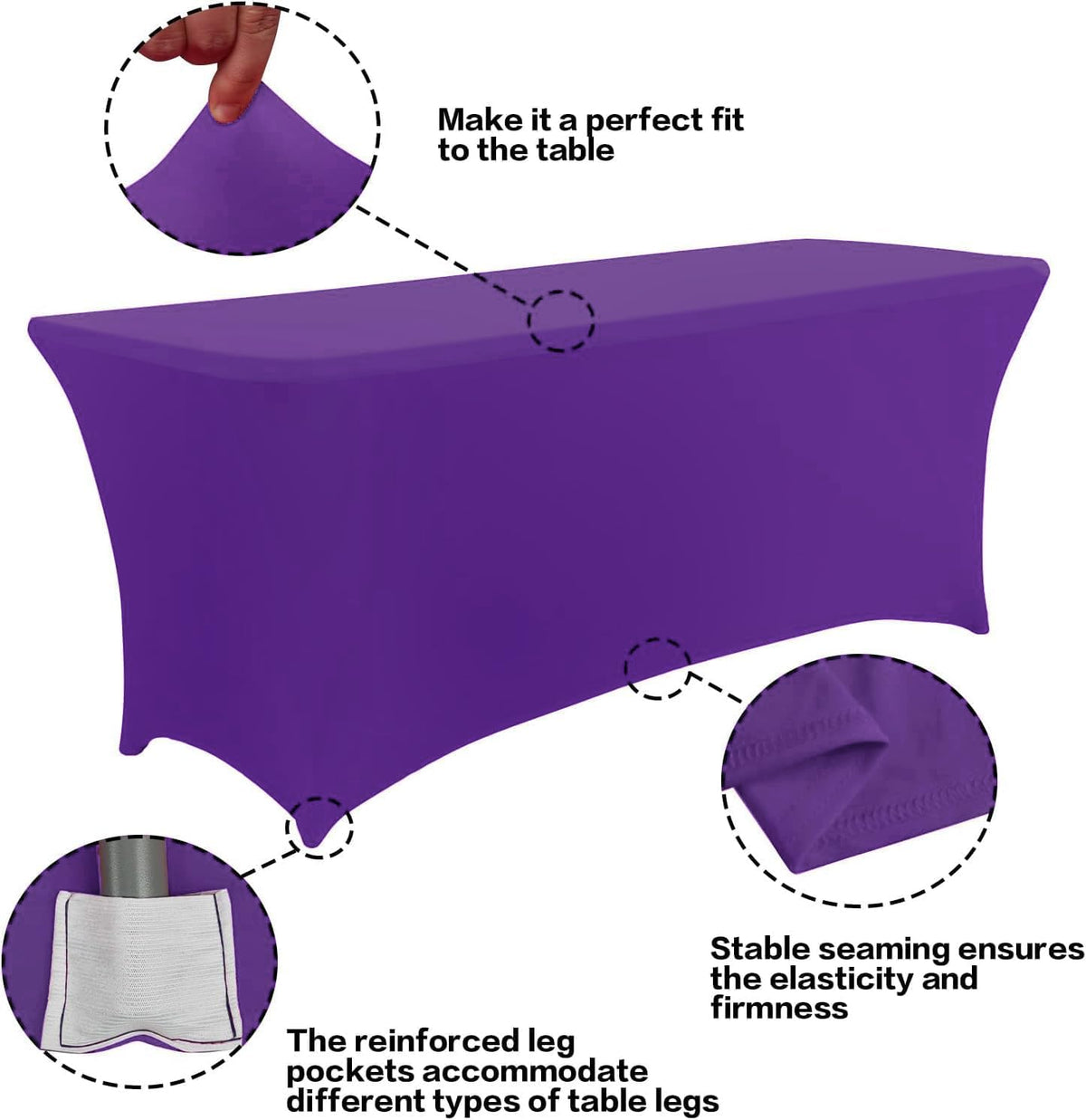IVAPUPU 2 Pack 4FT Table Cloth for Rectangular Fitted Events Stretch Purple Table Covers Washable Cover Spandex Tablecloth Protector for Party, Wedding, Cocktail, Banquet, Festival