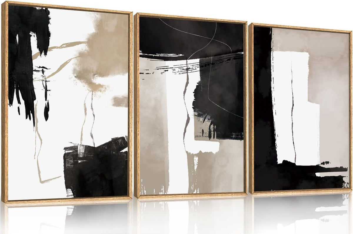 Black White Brown Framed Canvas Wall Art Set, Neutral Geometric Wall Decor, Modern Abstract Wall Painting, Minimalist Artworks for Living Room, Bedroom, Dining Room, Office - 16"x24"x3