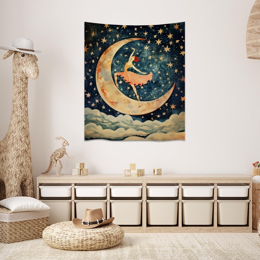 Dancer on the Moon Tapestry Starry Night Sky Art Print Dark Academia Gothic Aesthetic Wall Hanging Stars Moon Clouds Tapestries Whimsical Wall Decor for Nursery Bedroom 50x60inch