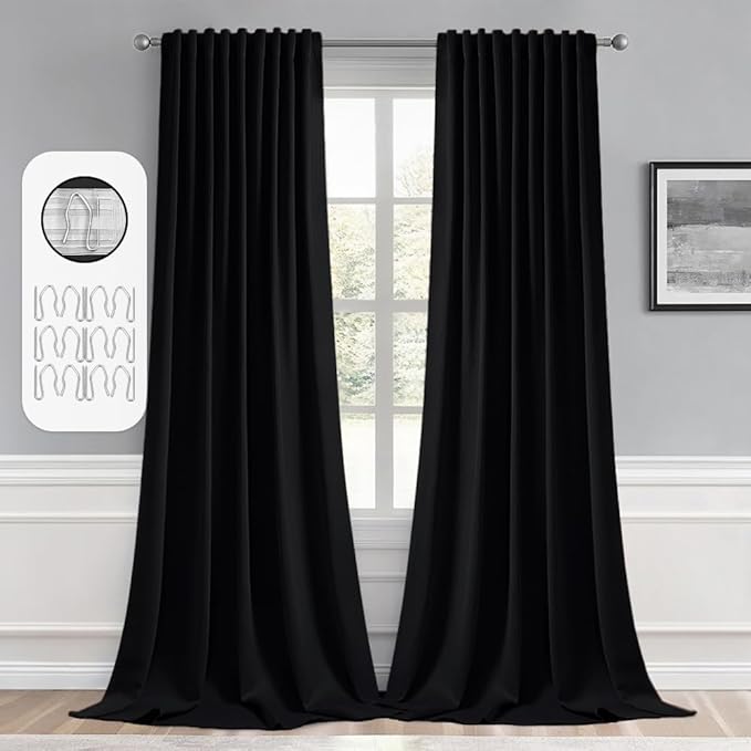 MIULEE Black Back Tab Blackout Curtains 52x132 Inch Length 2 Panels Set | Rod by MIULEE