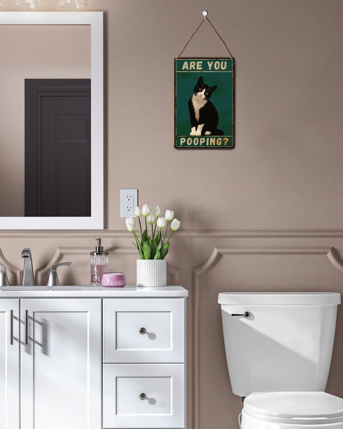 ALKB Tuxedo Cat Decor Are You Pooping Funny Metal Signs 8 x 12 Inch Black Cat Gift for Vintage Bathroom Decor