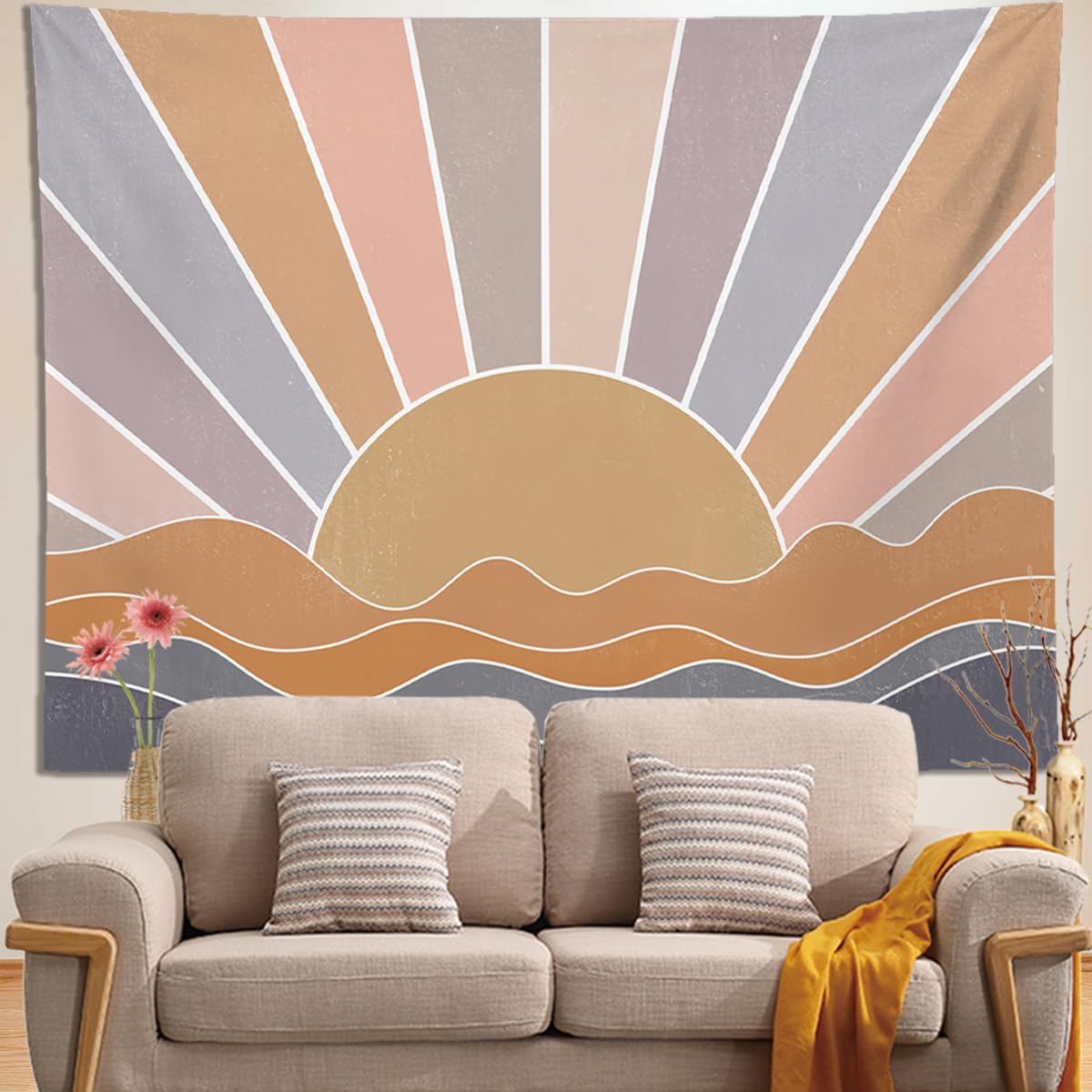 keowhsf Boho Sun Mountain Tapestry Wall Hanging - Retro 70s Vintage Rainbow Sunrise Sunset Design, Abstract Geometric Hippie Art Tapestry for Bedroom, Living Room & Dorm Decor