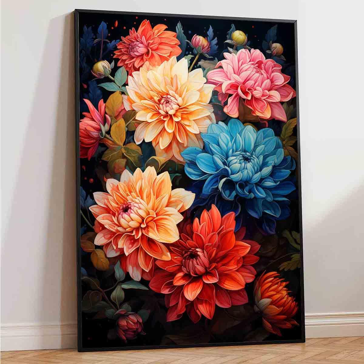 Dahlia Canvas Wall Art Abstract Flower Poster Pink Flower Painting Colorful Flowers Picture Blue Dahlia Wall Art Pink Floral Picture Plant Modern Living Room Decor 16x24inch No Frame