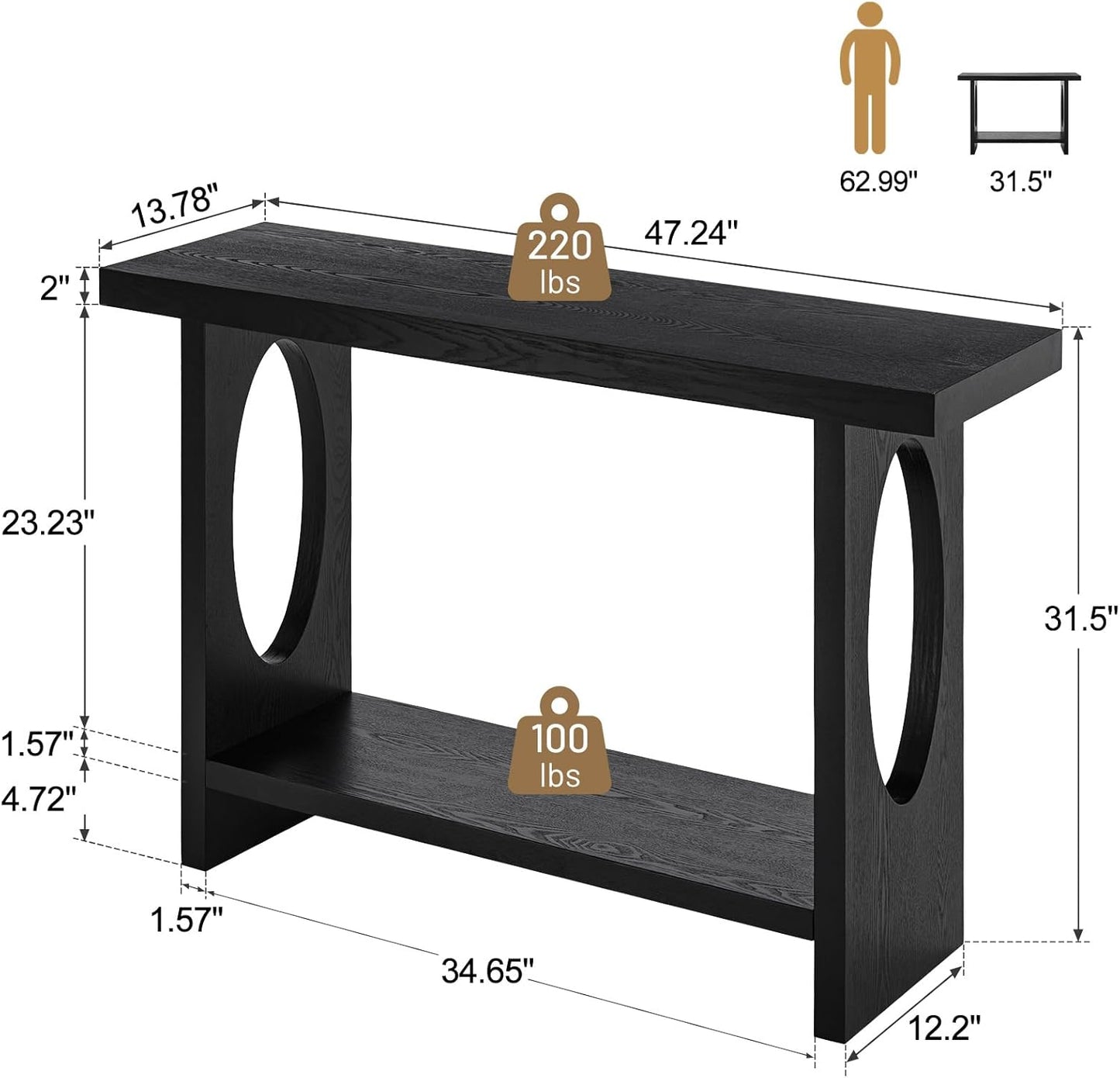 BECHAEO 47-Inch Modern Narrow Console Tables with Solid Wood Veneer - 2’’ Thickened Tabletop, 2-Tier Slim Sofa Table Behind Couch, Rectangle Entryway Table for Hallway Living Room, Black Oak
