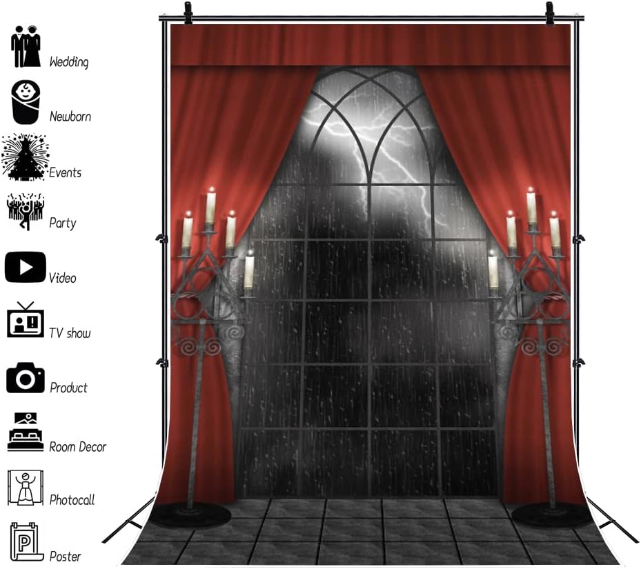Renaiss 8x10ft Vintage Gothic Window Backdrop Red Curtain Candlestick Black Floor Lightning Stormy Sky Vampire Medieval Castle Photography Background Halloween Dress Up Party Decors Photo Booth Props