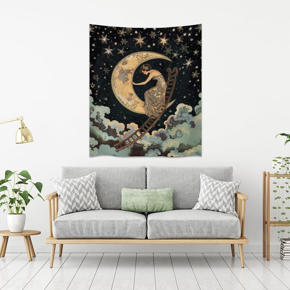 Dark Academia Gothic Aesthetic Tapestry ladder to The Moon and Stars Wall Hanging Print Trendy Vintage Art Nouveau Tapestries Decor for Home Bedroom Living Room 70x90inch