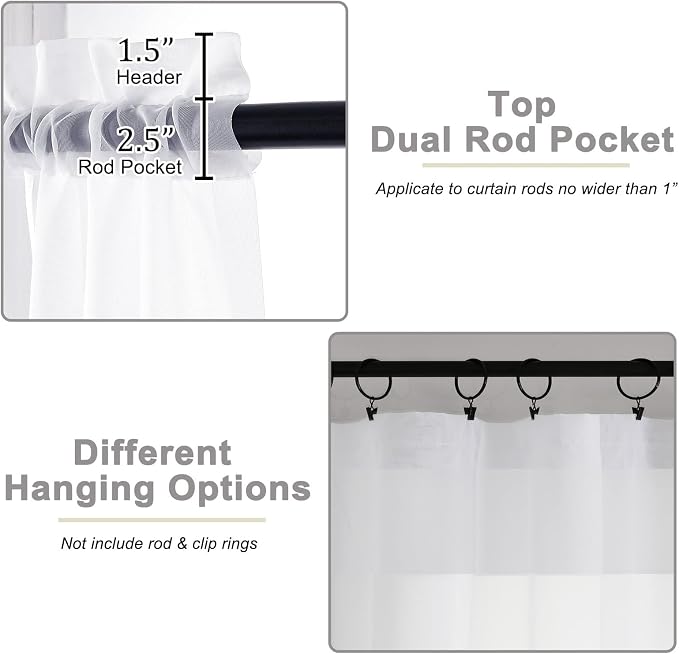 White Kitchen Curtains 30 Inch Length Tier 2 PCS, Solid Soft Airy Half Curtains - Image 4