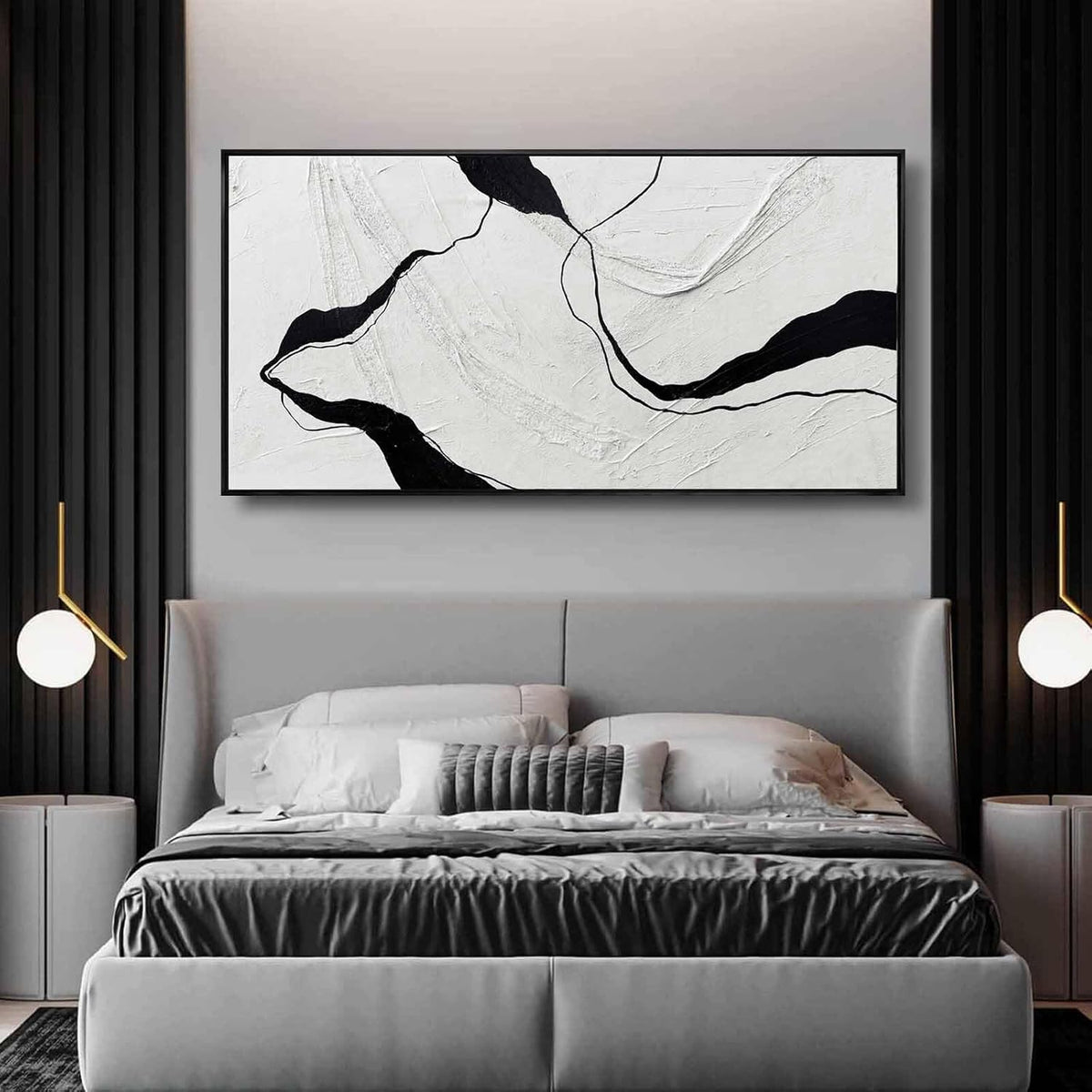 Framed Minimalist Wall Art 24"x48" Black and White Abstract Print Poster Line Canvas Modern Artwork for Living Room Bedroom Office Decor
