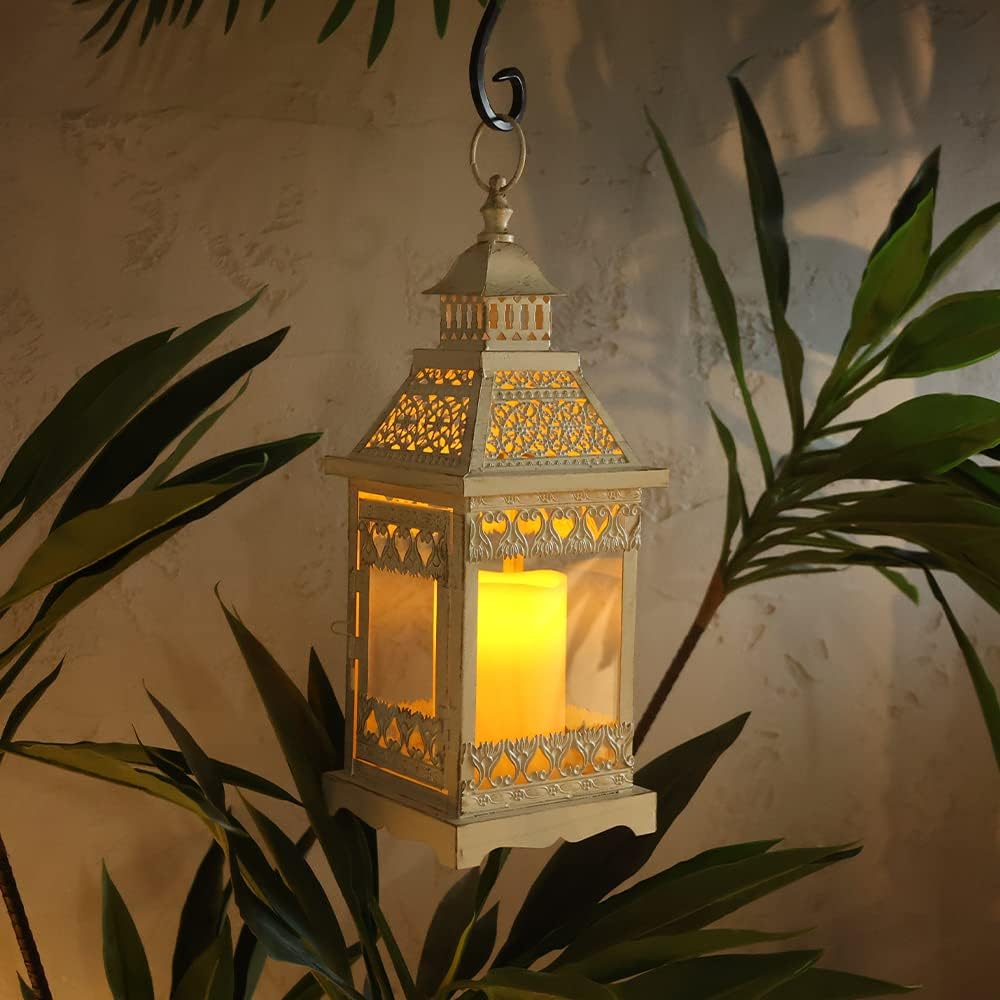 NEEDOMO Lanterns Decorative Outdoor & Indoor, Set of 2 Outdoor Lanterns for Porch,Large Square Candle Lantern, Beige Metal Frame with Glass for Fall, Christmas