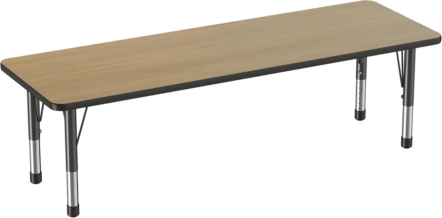Factory Direct Partners FDP Rectangle (24 x 60 inch) Classroom Table with Adjustable Chunky Toddler Legs (15-24 in); Preschool, Kinder and Daycare Furniture - Pasadena Oak Top/Black Edge and Legs