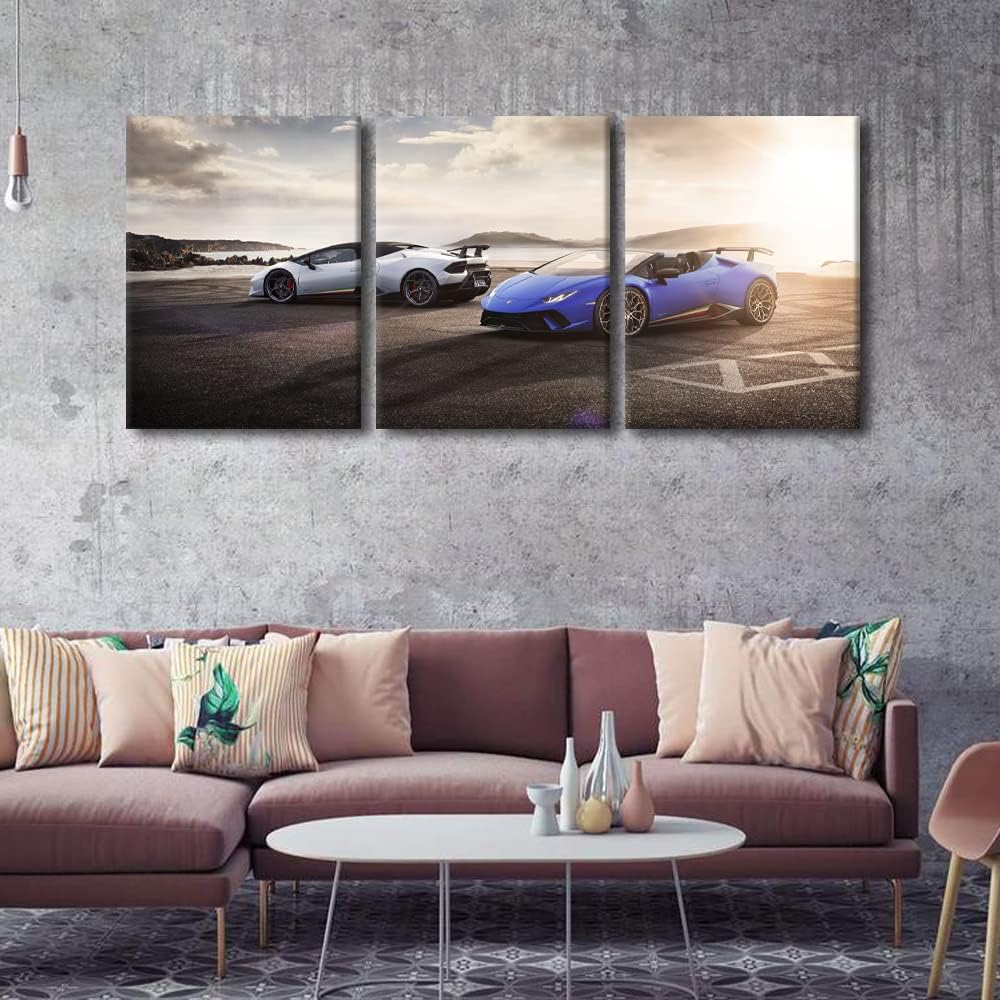 Super Car at Sunset Wall Art for Bedroom Sports Car Canvas Art Wall Decor White and Blue Cars Modern Wall Art Pictures for Living Room Hypercar Artwork Paintings Giclee Framed Ready to Hang 36"Wx16"H