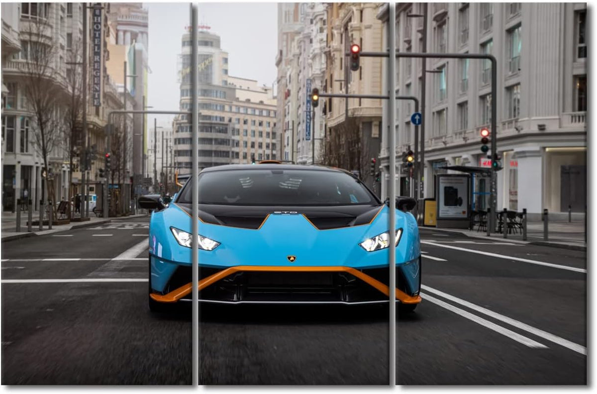 Canvas Wall Art for Bedroom Super Car Wall Art for Living Room Car Poster Decor Wall Art 3 Panels Blue Sports Car on the Street Modern Artwork for Home Walls Giclee Framed Ready to Hang 42"Wx28"H