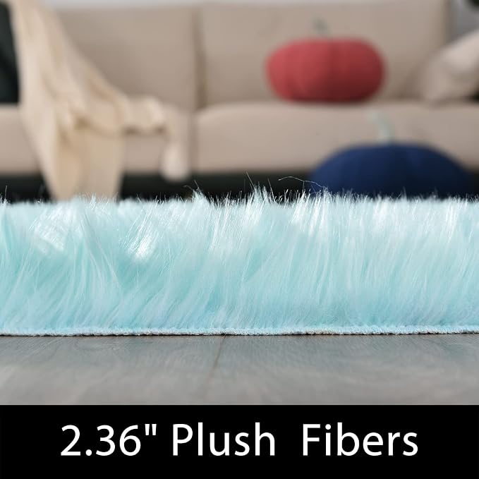 Latepis Light Blue Small Fluffy Rugs 2x3 Teal Faux Sheepskin Fur Rug - Image 3
