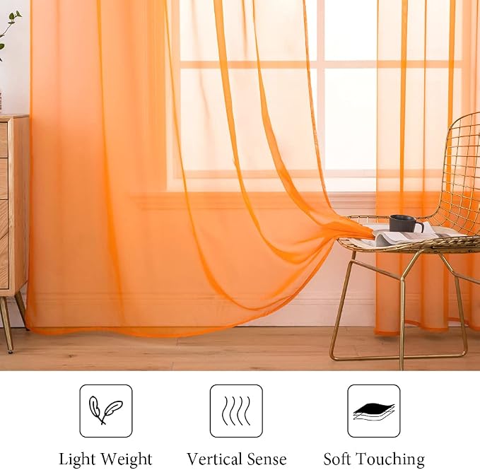 MIULEE Orange Fall Sheer Curtains 54 X 96 Inches, 2 Panels | Solid Color - Image 3