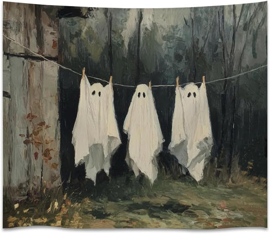 Vintage Halloween Tapestry Funny Ghosts on Clothesline Tapestry Wall Hanging Farmhouse Gothic Room Decor Spooky Ghost Prints for Dark Academia Halloween Party House Decoration Tapestries 50x60inch