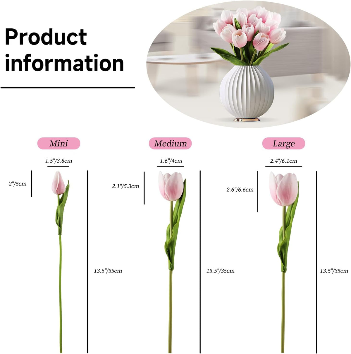 Buart Artificial Tulip in Bulk for Home Kitchen Wedding Bridal Bouquet,Fake Flowers for Valentine's Day Mother's Day Easter Table Centerpieces Decorations(Large Size,Pink,Real-Touch,12pcs)