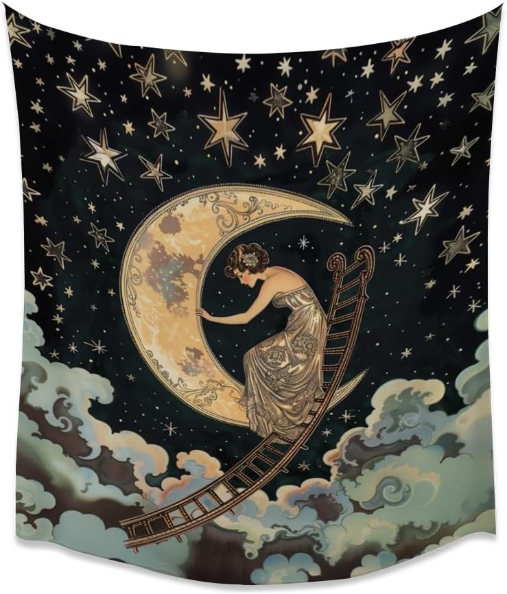 Dark Academia Gothic Aesthetic Tapestry ladder to The Moon and Stars Wall Hanging Print Trendy Vintage Art Nouveau Tapestries Decor for Home Bedroom Living Room 50x60inch