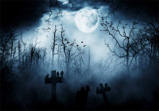 AOFOTO 10x7ft Moon Night Halloween Cemetery Photography Backdrop Flying Bats Birds Stand on Gravestone Cross Graveyard in Dark Forest Photo Background Cloth Vinyl Wallpaper Photo Studio Props Vinyl