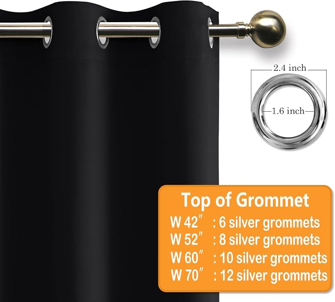 Grommet Blackout Curtains for Bedroom 70 x 63 Inches Black 2 Panels | Thermal - Image 5