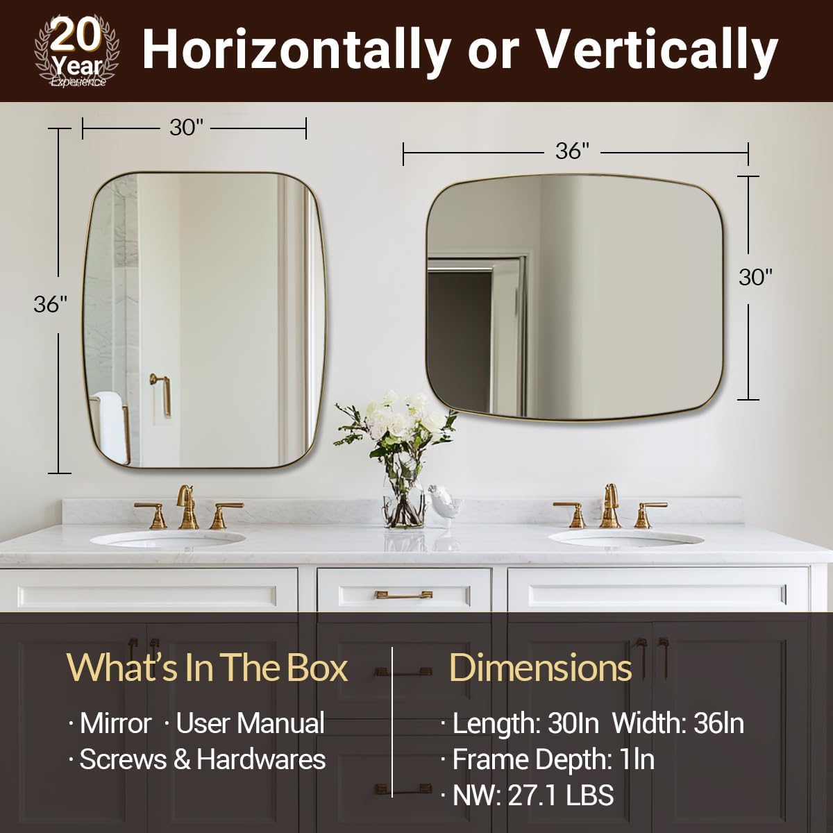 ANDY STAR 30x36” Gold Bathroom Mirror, Oblong Brass Mirror with Stainless Steel Metal Frame, Brushed Gold Oval Vanity Mirror for Over Sink, Modern Anti Rust Wall Mounted