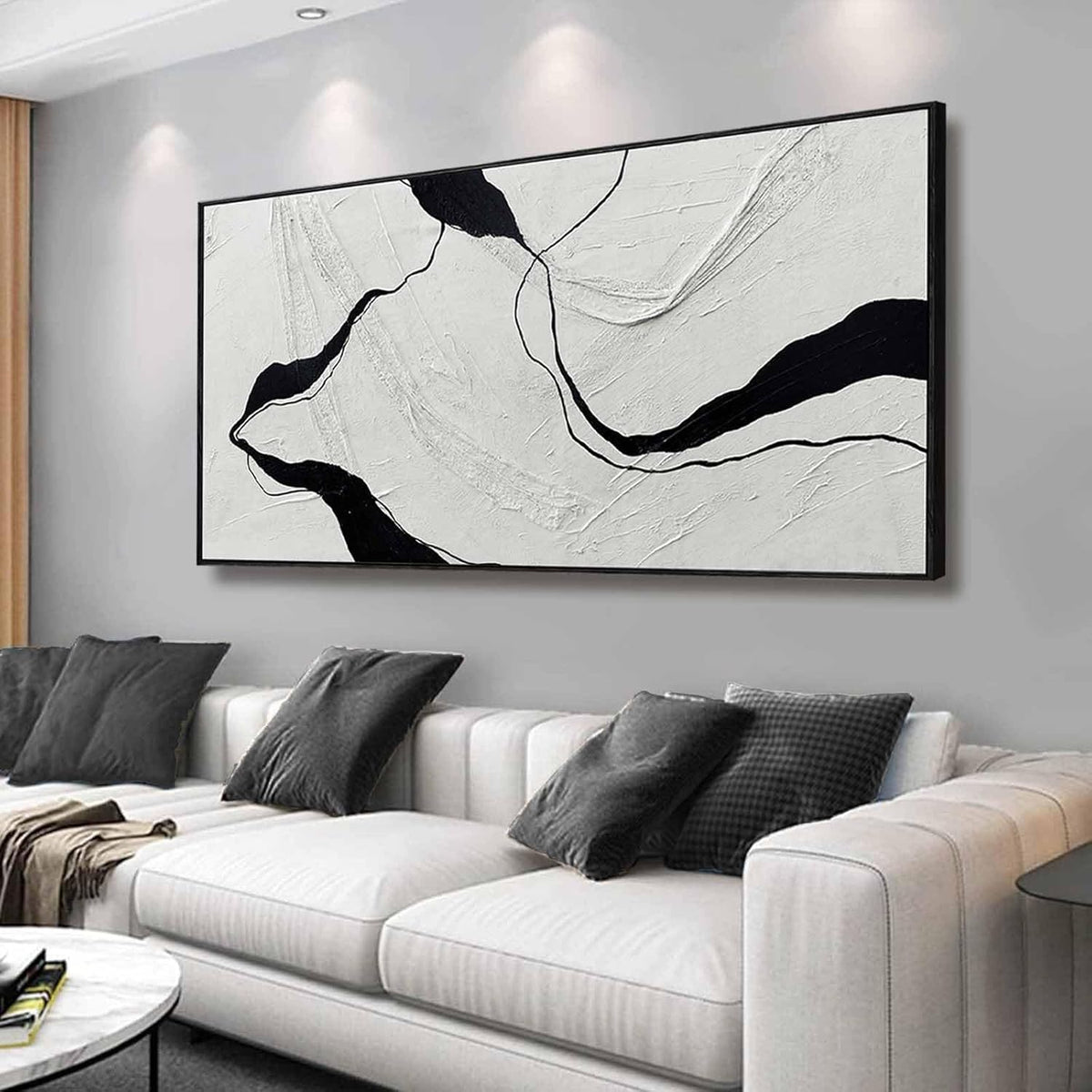 Framed Minimalist Wall Art 24"x48" Black and White Abstract Print Poster Line Canvas Modern Artwork for Living Room Bedroom Office Decor