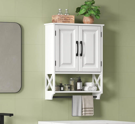 Bathroom Cabinet Wall Mounted, White Bathroom Wall Cabinets with Towel Bar and 2 Doors, Wooden Medicine Cabinet with Adjustable Shelf, Open Storage