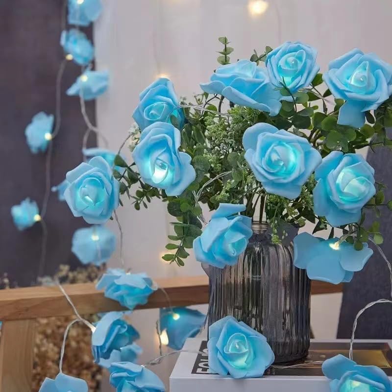 Everlasting Splashes LED Rose Flower Fairy String Lights Battery Operated Flashing Light Romantic Proposal Wedding Birthday Christmas Thanksgiving DIY Indoor Outdoor Decorations (Blue & Soft White)