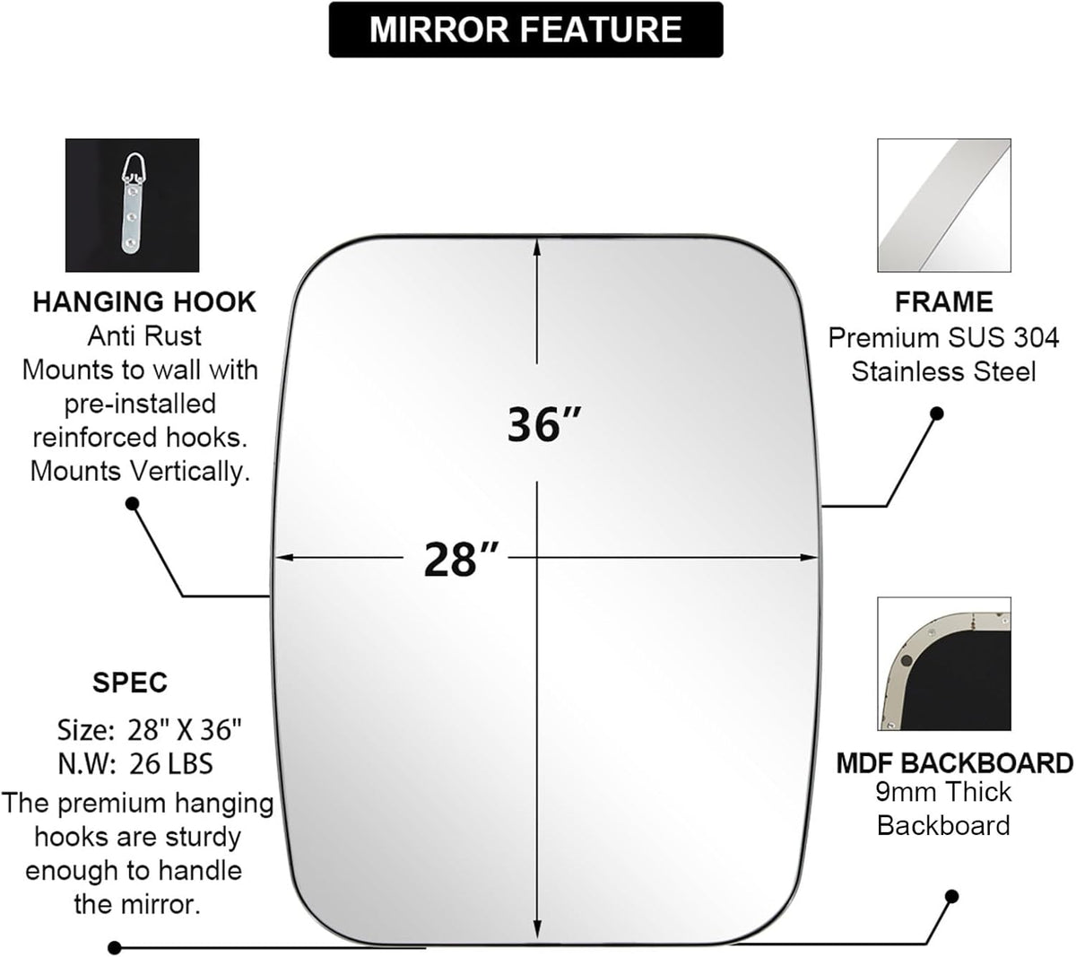 ANDY STAR Chrome Bathroom Mirror, 28x36 Inch Stainless Steel Metal Frame Oblong Bathroom Mirror for Vanity, 1’’ Deep Wall Mounted Vertically/Horizontal