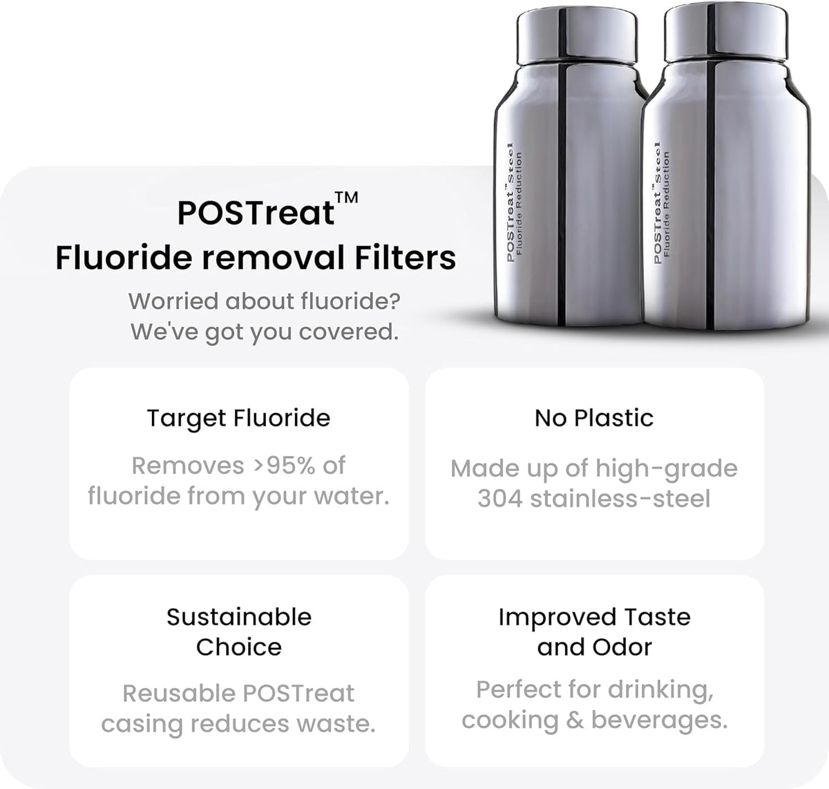 2.25 Gallons NSF Certified AISI 304 Stainless Steel Water Filter with 2 Smart Carbon (Black) Filters, 2 POSTreat Steel Fluoride Removal Elements & Free Stainless Steel Spigot