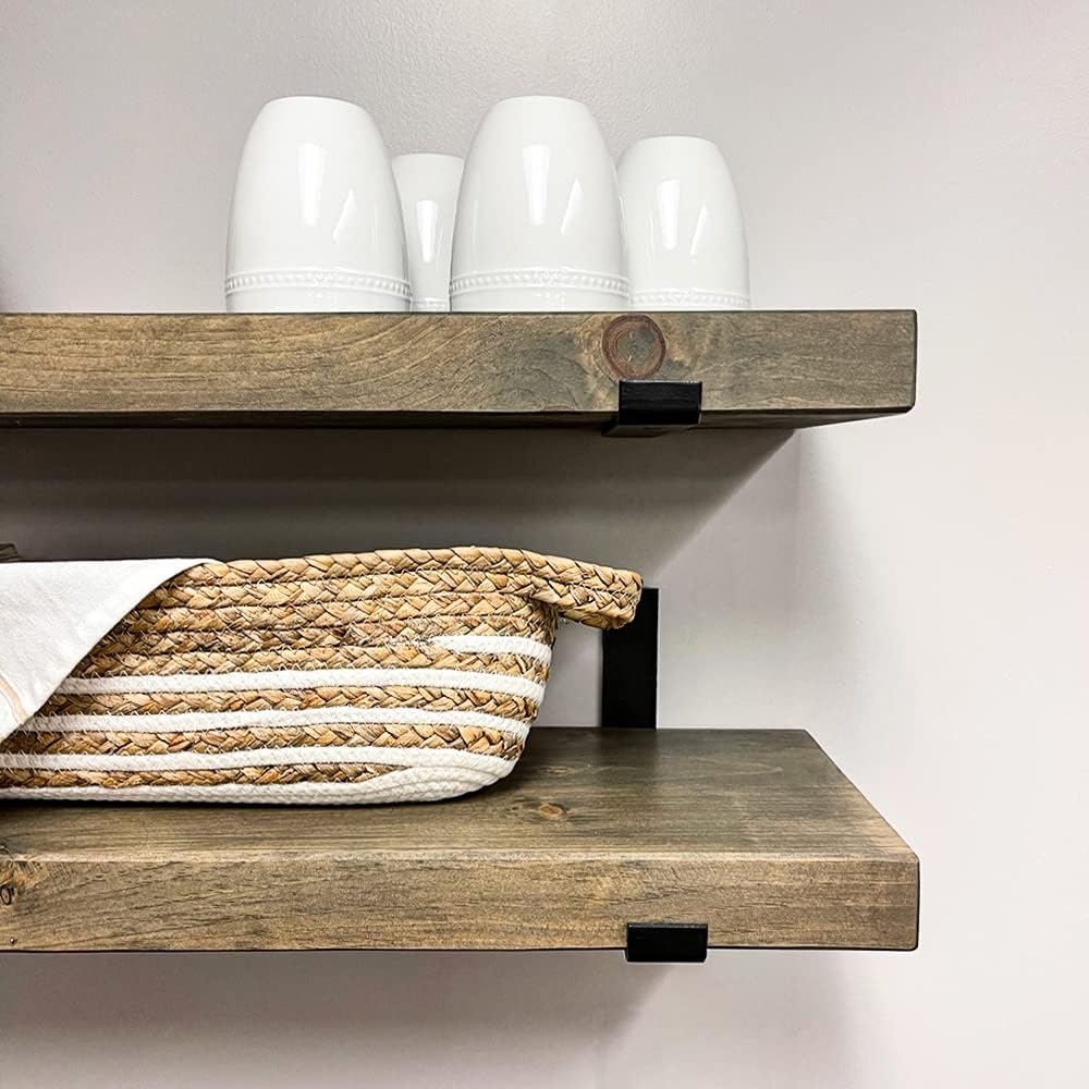 Rustic Shelves with J-Brackets Set of 2, Industrial Shelf, Kitchen Shelves, Solid Wood, Decorative Wall Storage, Heavy Duty, URBANDI (Grey, 36Wx8D)