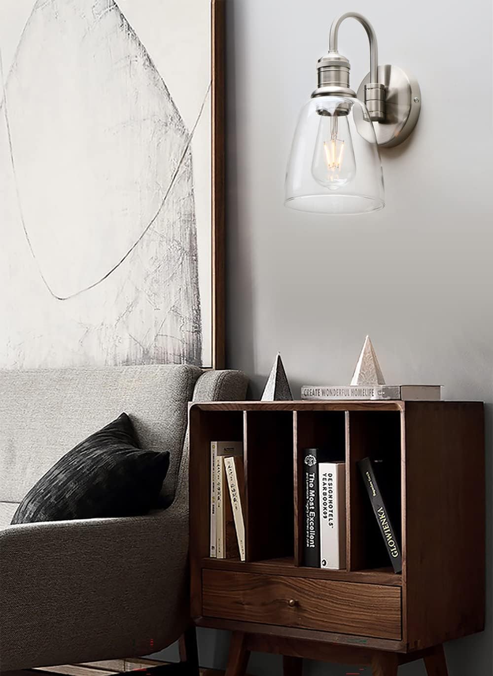 Yosoan 1-Light Brass Modern Vintage Indoor Wall Sconce, Vanity Single Luxury Hardwired Retro Textured Clear Oval Cone Glass Shade with Industrial Gooseneck Curved Rod Bathroom Lamp(Brushed)