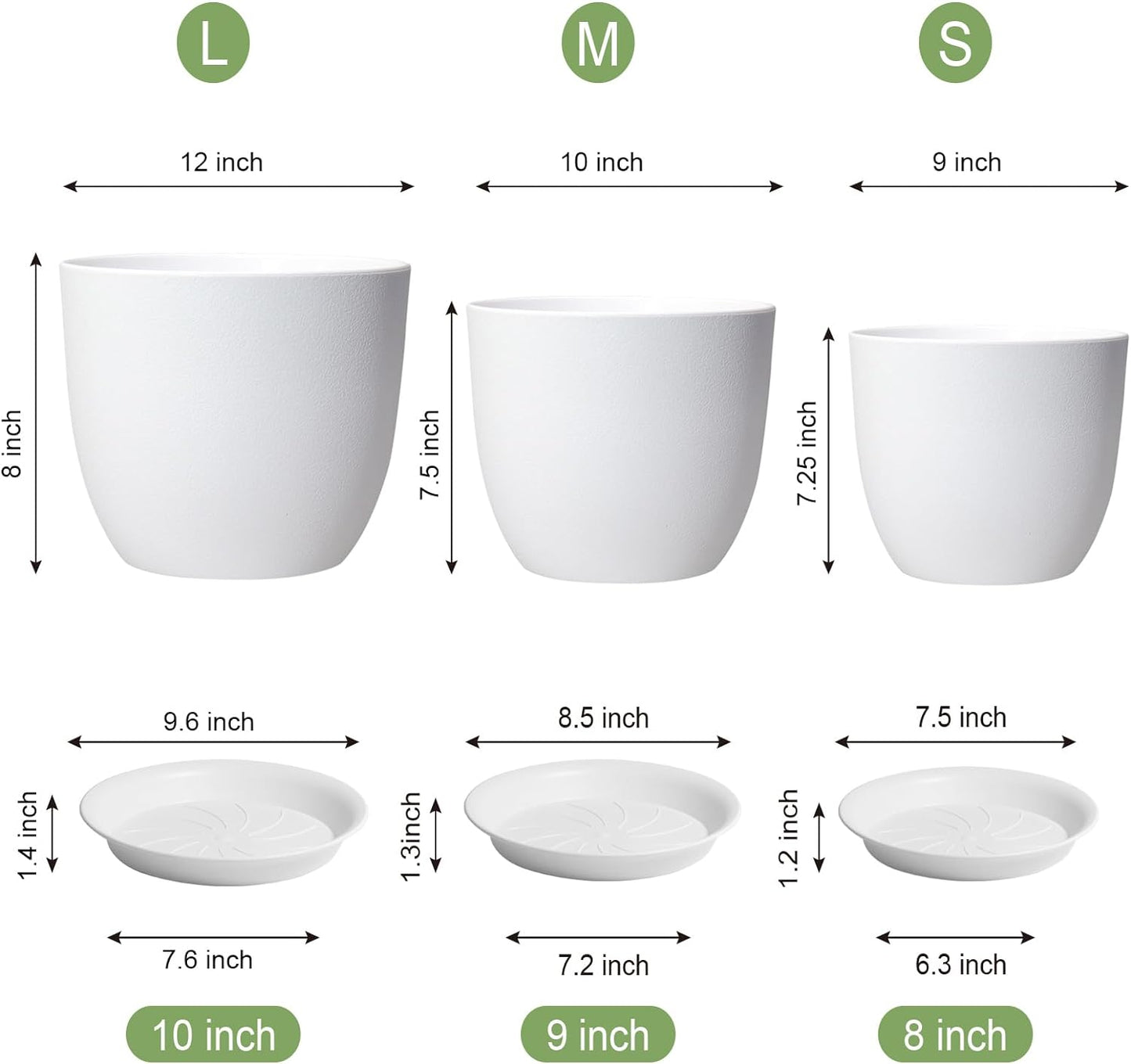 12/10/9 inch Large Plant Pots, 3 Pack Modern Decorative Plastic Planters with Drainage Holes and Saucers, Flower Pots for Indoor Outdoor Plants, White