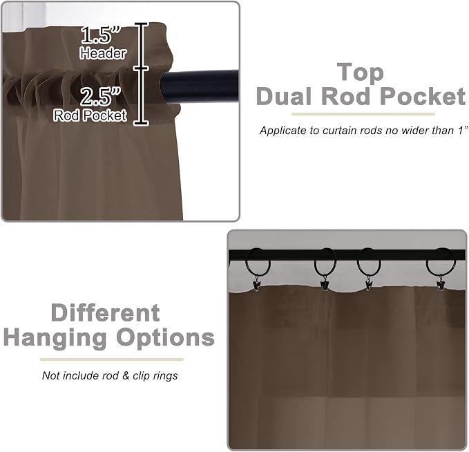 Chocolate Sheer Curtain for Bedroom Living Room 72 Inches Long 2 Panels Set - Image 4