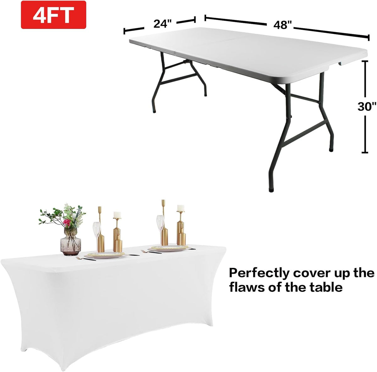 IVAPUPU 2 Pack 4FT Table Cloth for Rectangular Fitted Events Stretch White Table Covers Washable Cover Spandex Spring Tablecloth Protector for Party, Wedding, Cocktail, Banquet, Festival