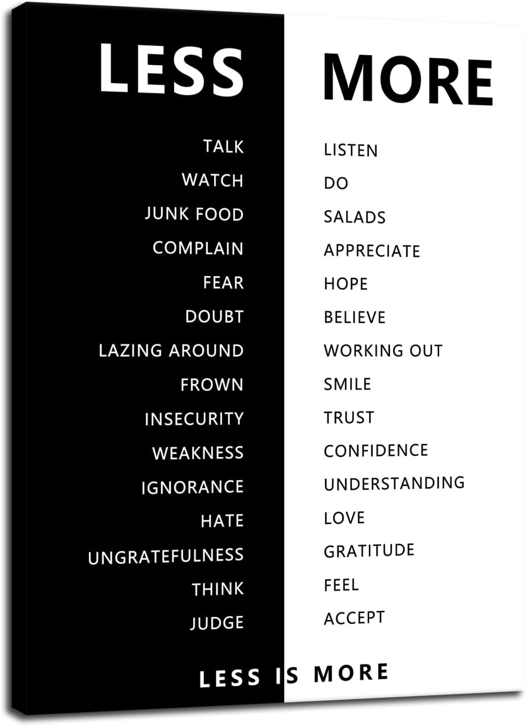 WYJZDZQ8 Inspirational Less is More Poster Motivational Print Wall Art for Office Black and White Inspiring Picture Painting Modern Artwork for Home Bedroom Living Room Decor Frame[30''W X 40''H]
