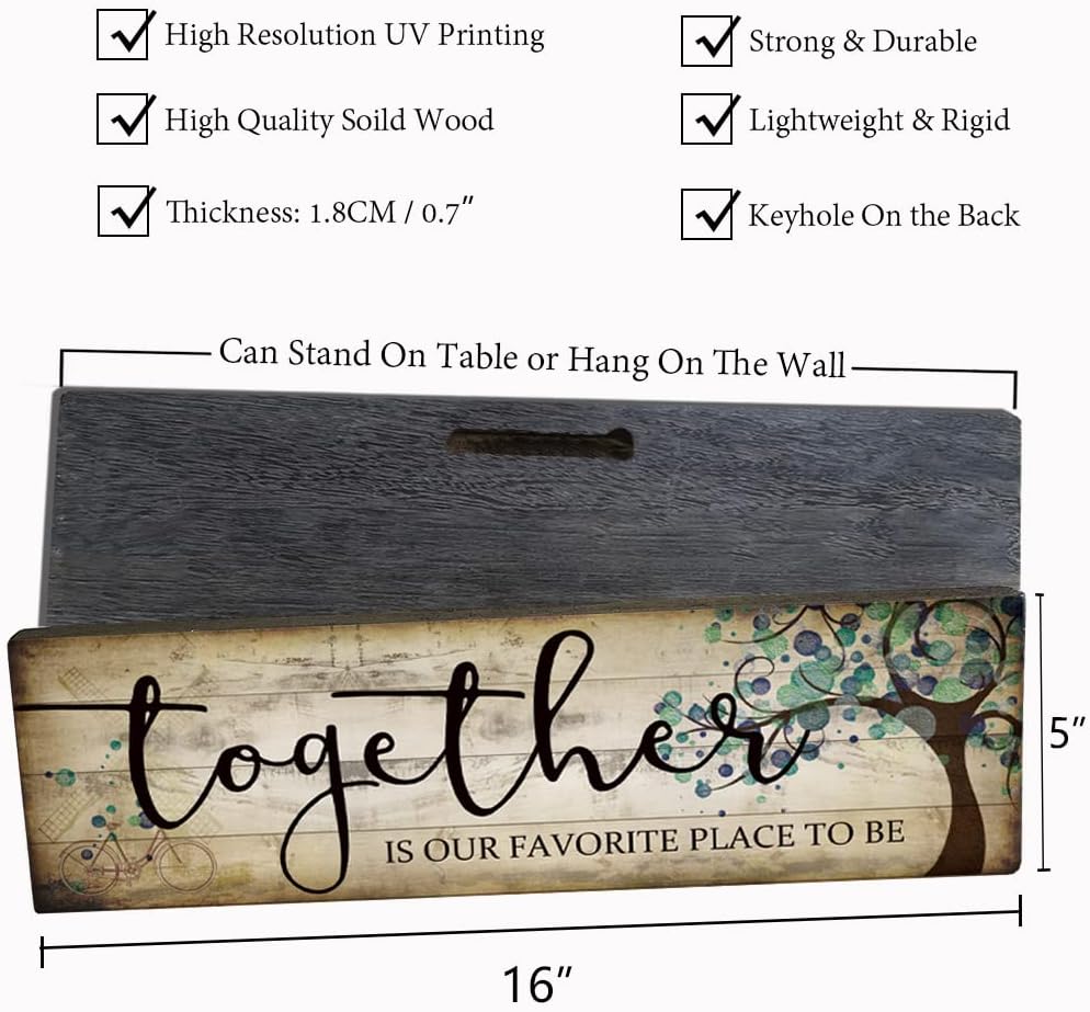Family Art Decor Inspirational Quotes Wall Hanging Sign - Together is Our Favorite Place to Be - Motivational Home Art Decor Wood Plaque Sign 16"x5"