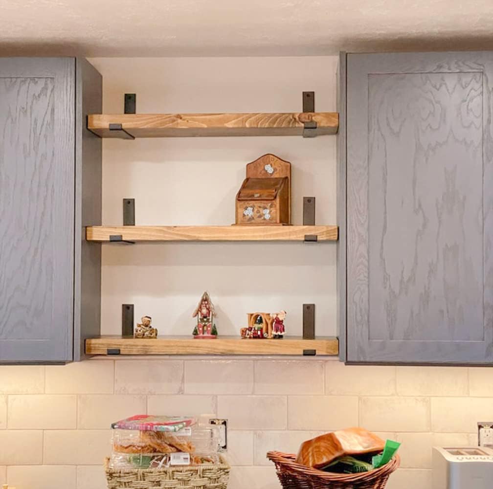 Rustic Shelves with J-Brackets Set of 2, Industrial Shelf, Kitchen Shelves, Solid Wood, Decorative Wall Storage, Heavy Duty, URBANDI (Brown, 24Wx8D)