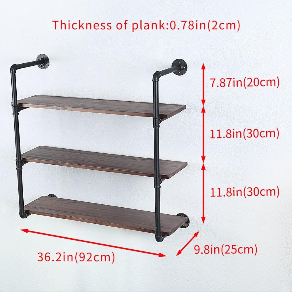 Industrial Pipe Shelving Wall Mounted,36in Rustic Metal Floating Shelves,Steampunk Real Wood Book Shelves,Wall Shelf Unit Bookshelf Hanging Wall Shelves,Farmhouse Kitchen Bar Shelving(3 Tier)