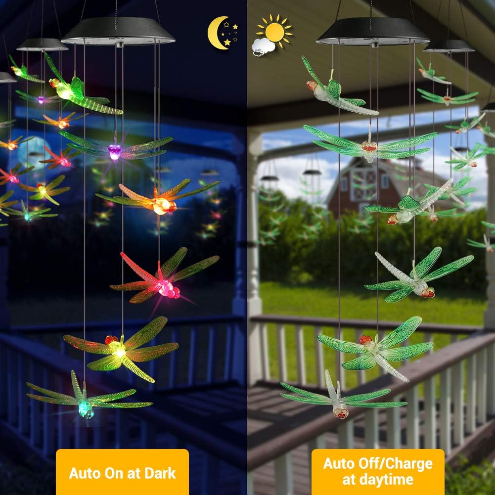 Toodour Solar Wind Chimes Outdoor, Color Changing Solar Lights Dragonfly, Gifts for Mom Grandma, Waterproof Decorative Mobile Light, Gardening Gift for Garden,Patio, Window, Yard, Outdoor Decor